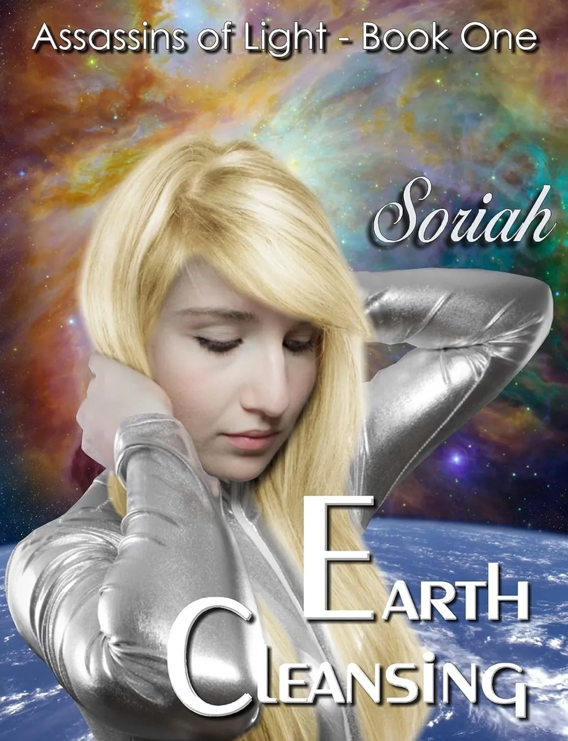 A woman in silver suit standing on top of a planet.