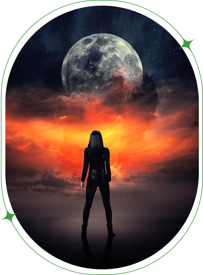 A woman standing in front of the moon.